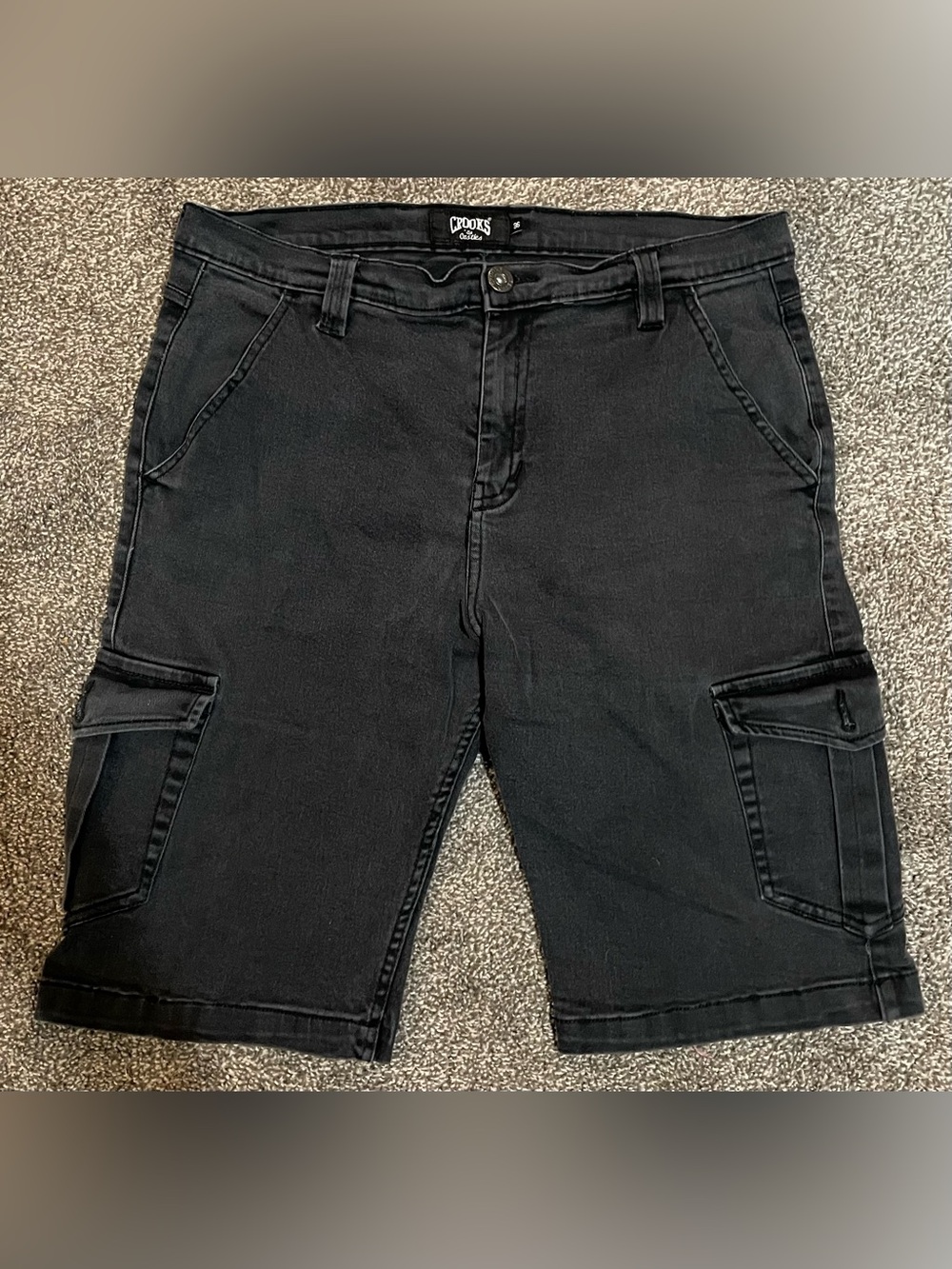Crooks & Castles Black Cargo Denim Shorts with Side Pockets & Embroidered Medusa